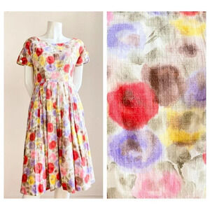 Vintage 50s 60s Floral  Watercolour Print Fit and Flare Dress S/M